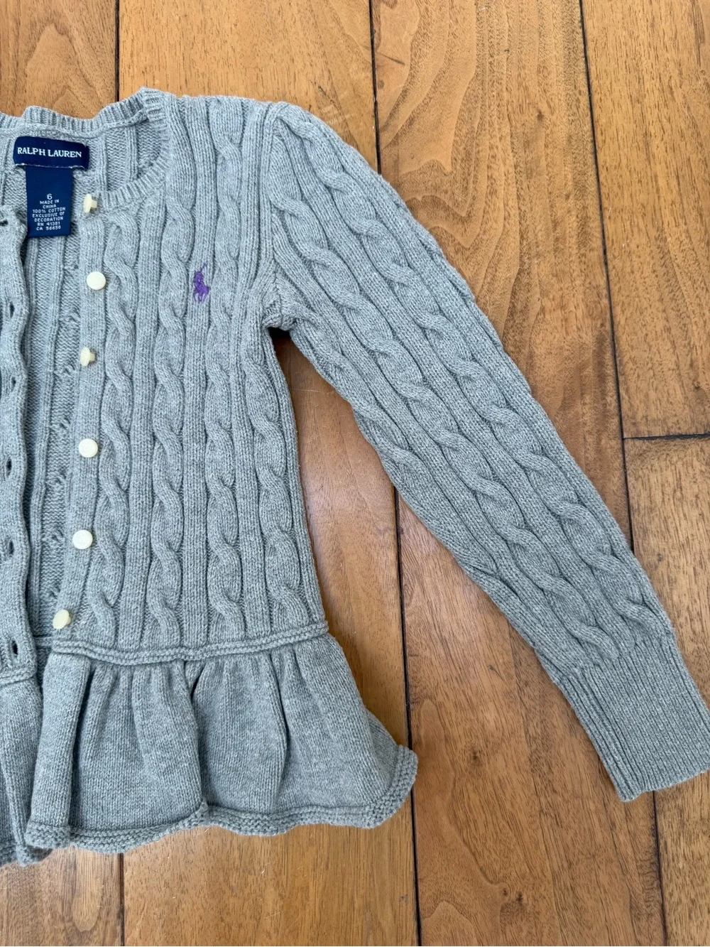 Ralph Lauren Girls Cable Knit Peplum Cardigan Gray Purple Pony Size 6 Cotton